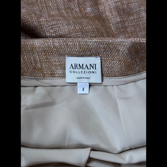 Armani Skirt 8 / M Beige Tweed 100% Linen Pencil High Slit Midi Made in Italy - Picture 6 of 8